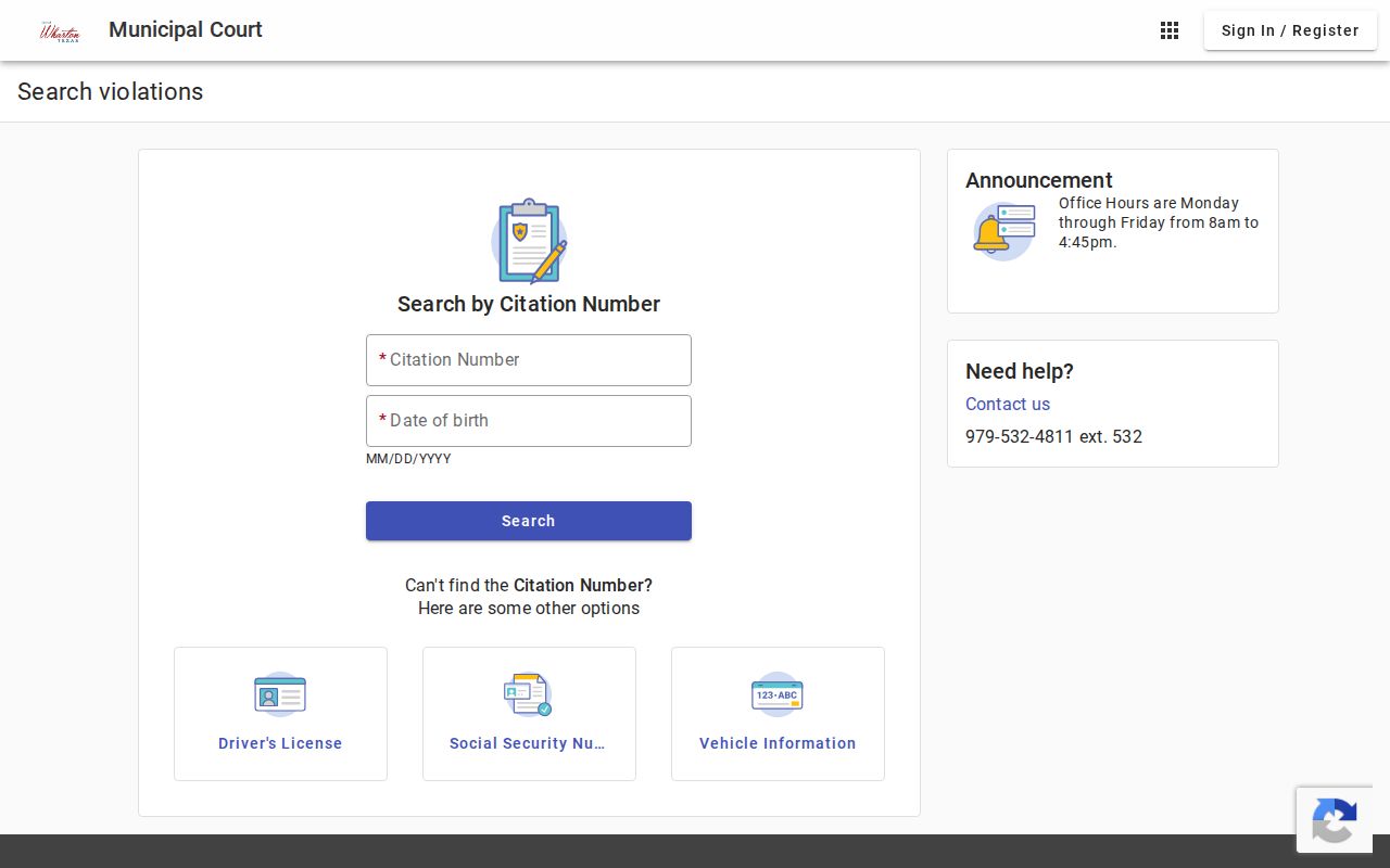 Wharton County traffic warrant users can see the Wharton city citation search fields