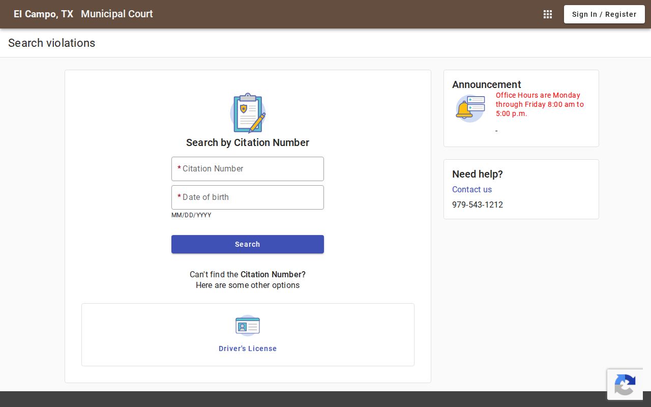 Wharton County municipal warrant routing through El Campo's citation search screen