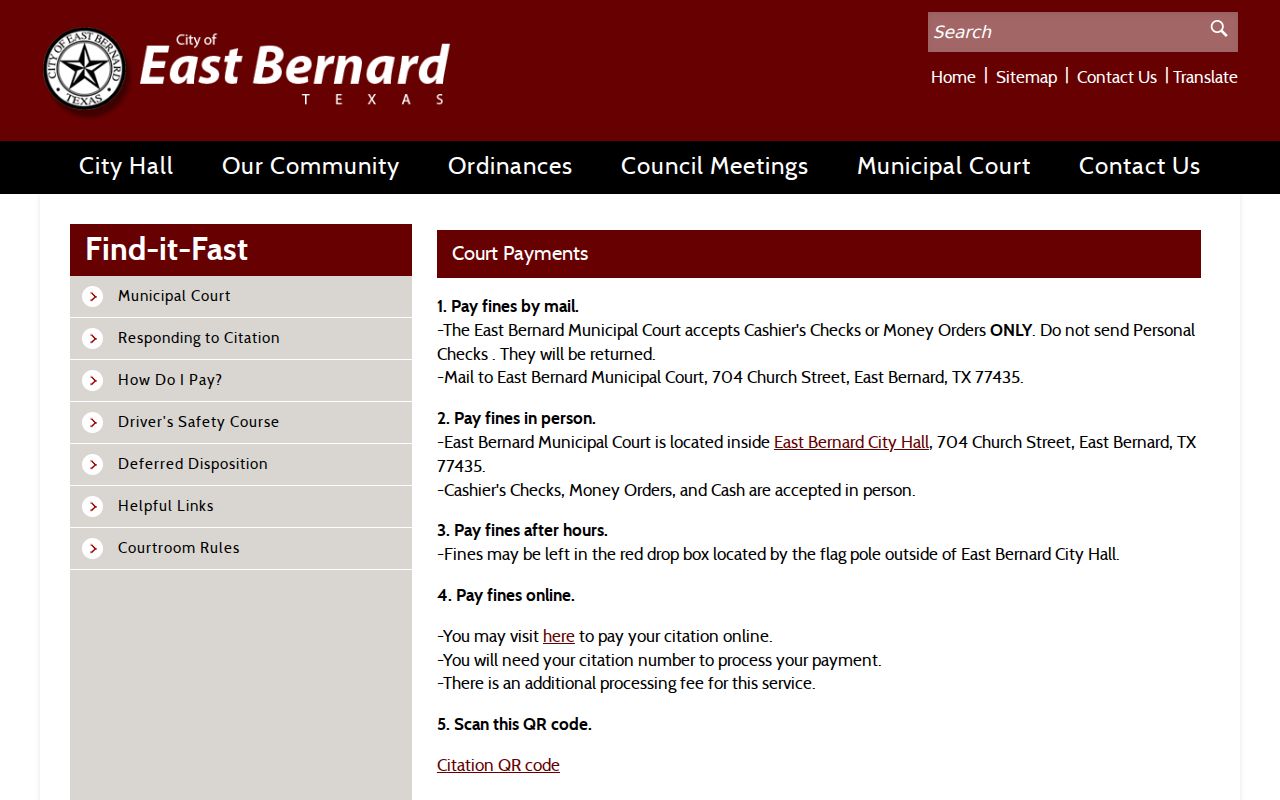 Wharton County warrant records: East Bernard court payment methods