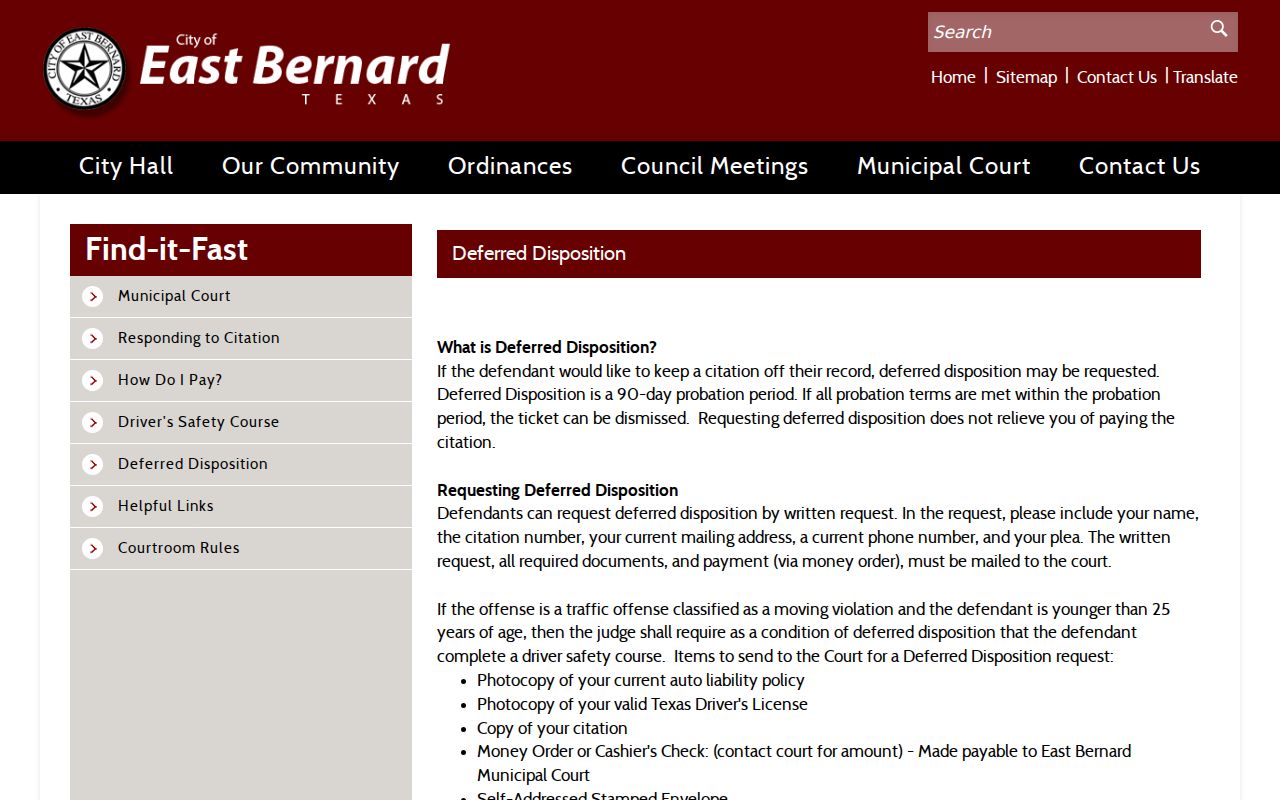 Wharton County warrant records: East Bernard written deferred-disposition requirements