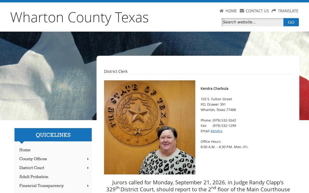 Wharton County warrant records and district case files at the District Clerk office