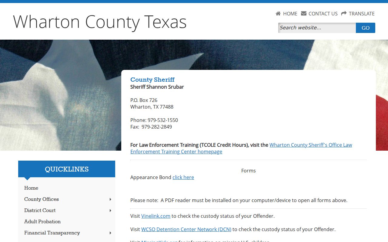 Wharton County active warrant information begins with the Sheriff's Office contact page